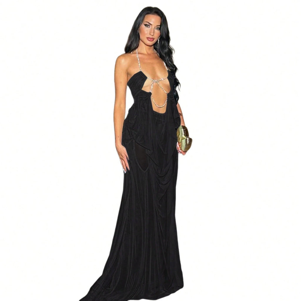 Women's Sheer Mesh Long Dress Club Outfit Rhinestone Spaghetti Strap Cutout Bodycon See Through Evening Party - image 4