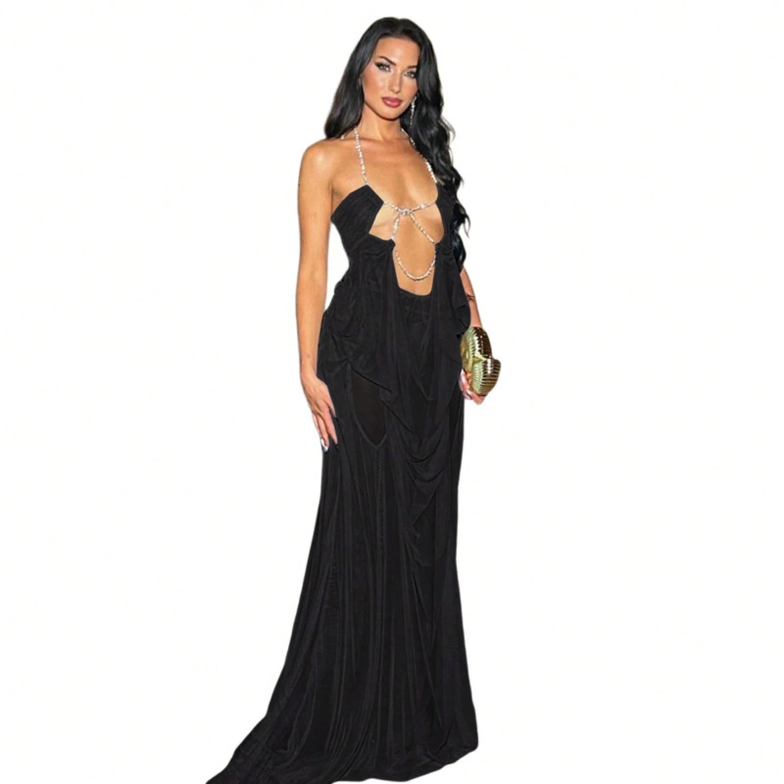 Women's Sheer Mesh Long Dress Club Outfit Rhinestone Spaghetti Strap Cutout Bodycon See Through Evening Party - image 4