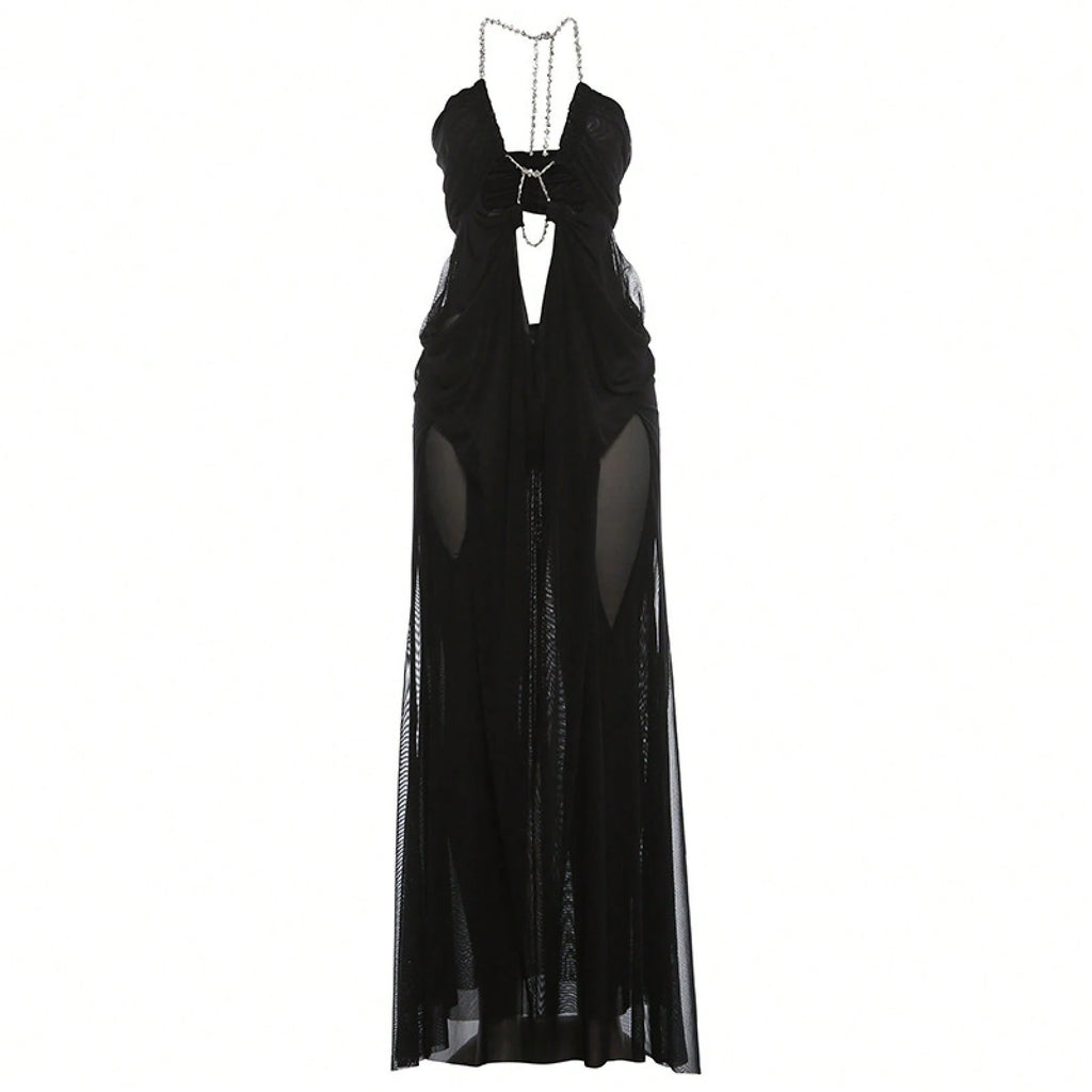Women's Sheer Mesh Long Dress Club Outfit Rhinestone Spaghetti Strap Cutout Bodycon See Through Evening Party - image 6