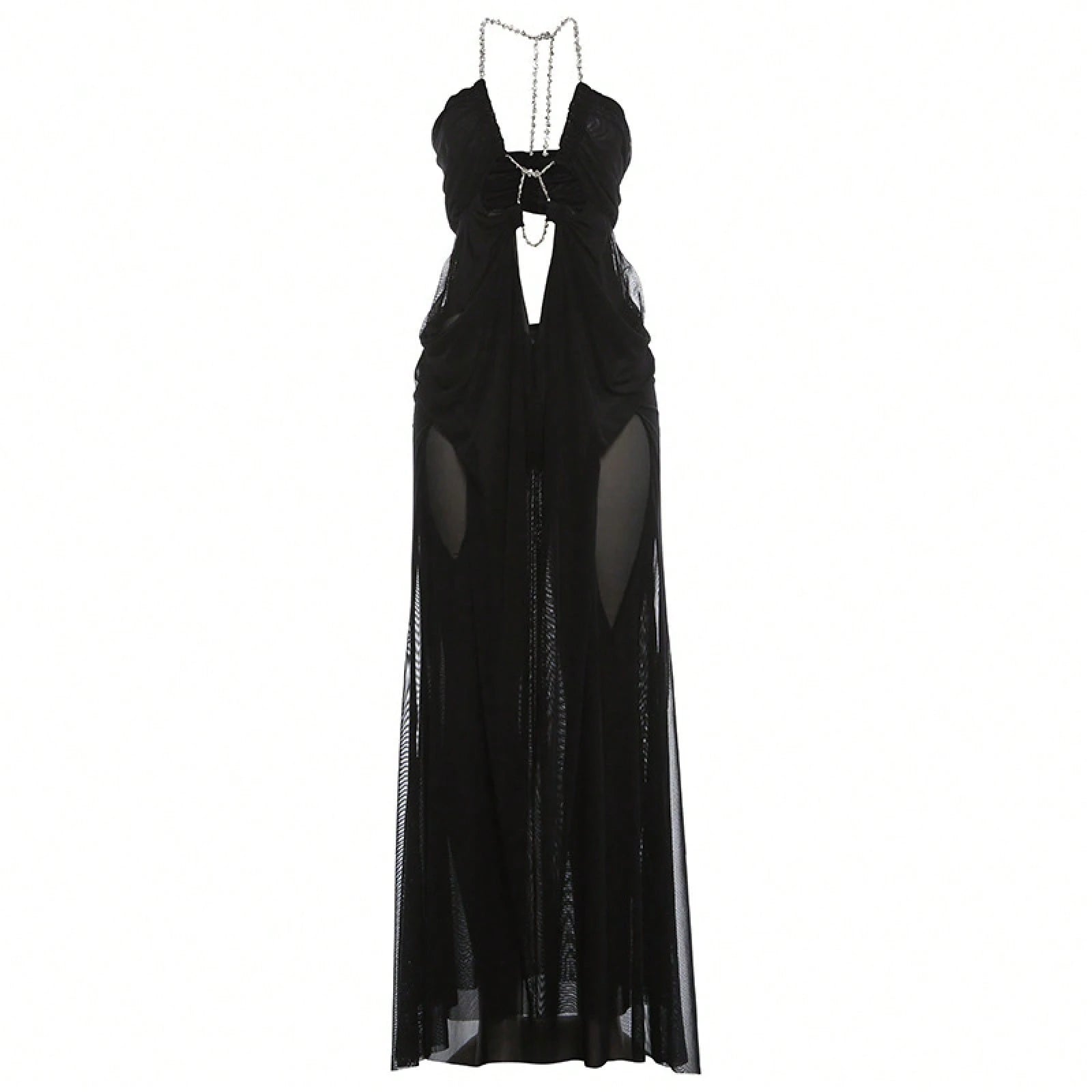 Women's Sheer Mesh Long Dress Club Outfit Rhinestone Spaghetti Strap Cutout Bodycon See Through Evening Party - image 6