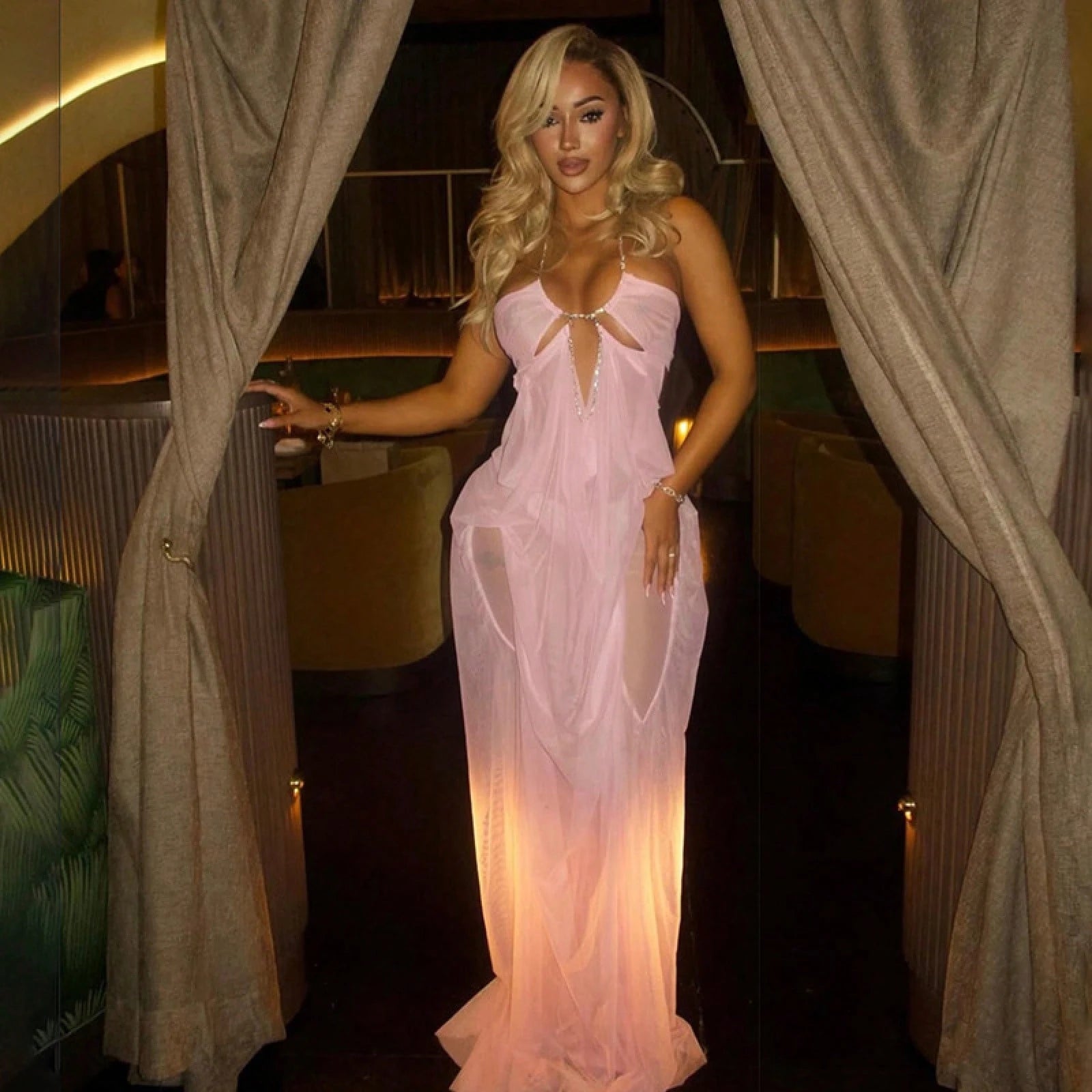 Women's Sheer Mesh Long Dress Club Outfit Rhinestone Spaghetti Strap Cutout Bodycon See Through Evening Party - image 11