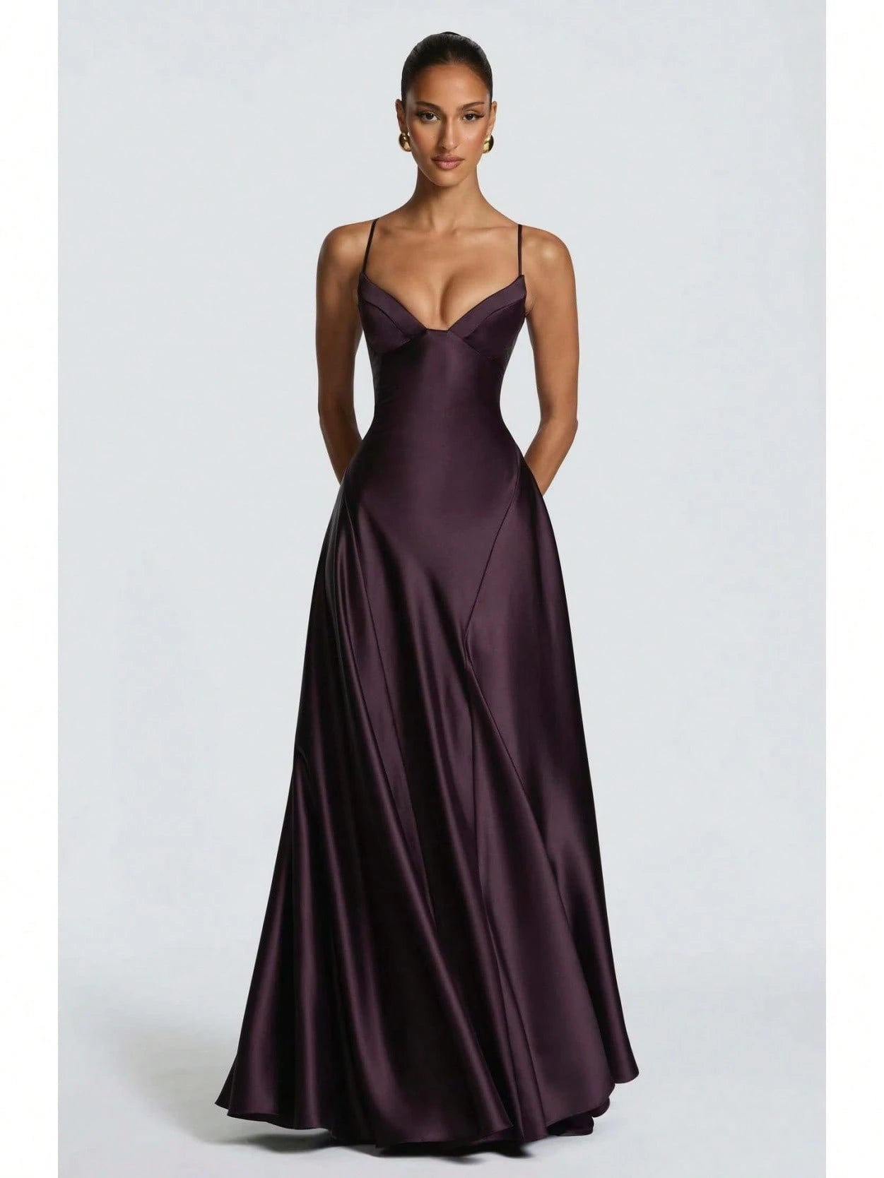 Women's Glossy Satin Long Evening Dress Thin Spaghetti Strap V Neck Seamed Waist Flared Swing Formal Party - image 5