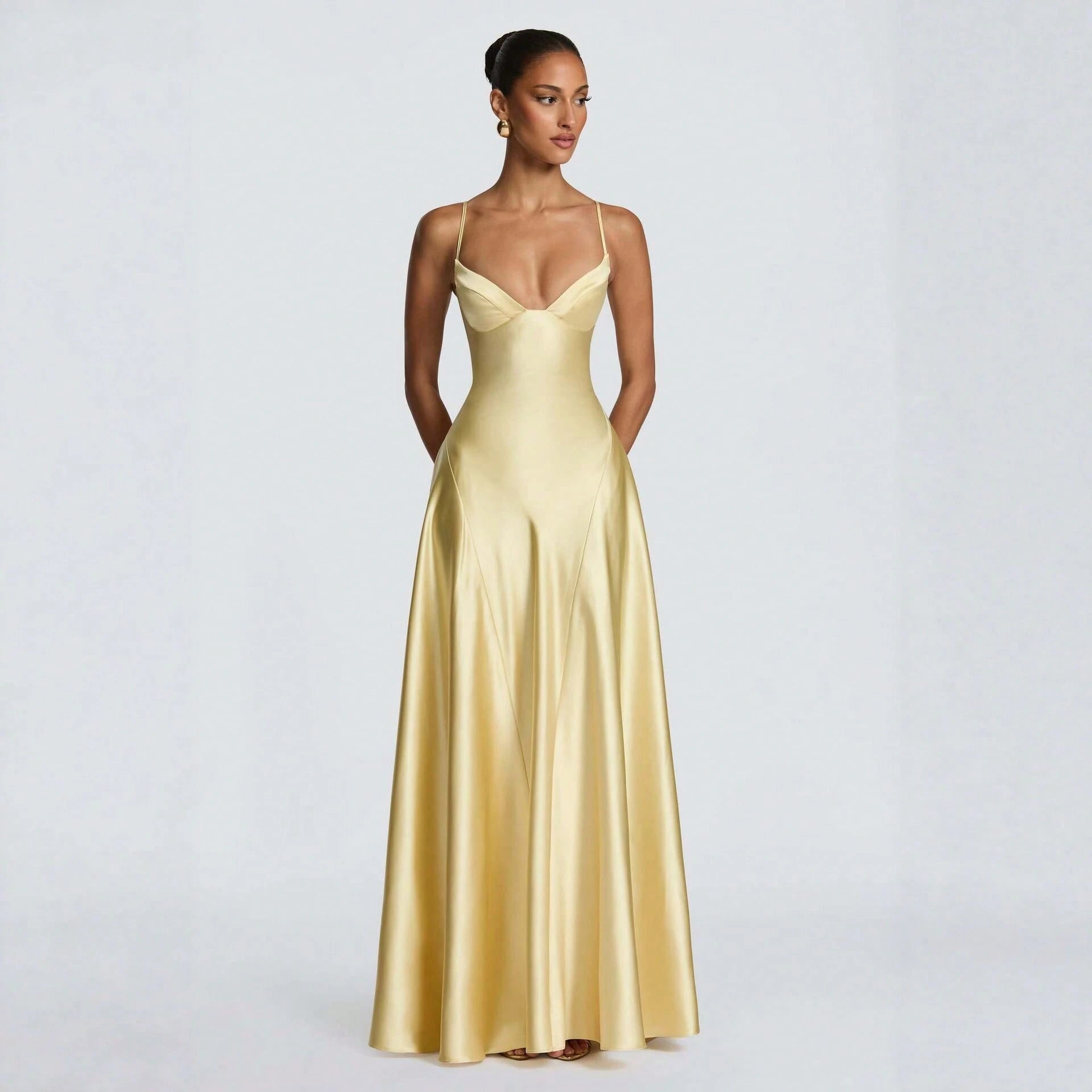 Women's Glossy Satin Long Evening Dress Thin Spaghetti Strap V Neck Seamed Waist Flared Swing Formal Party - image 8