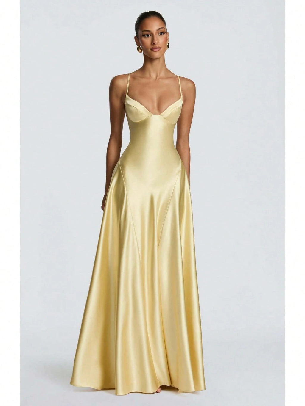Women's Glossy Satin Long Evening Dress Thin Spaghetti Strap V Neck Seamed Waist Flared Swing Formal Party - image 9