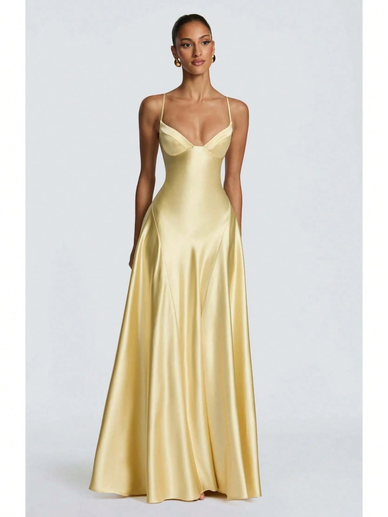 Women's Glossy Satin Long Evening Dress Thin Spaghetti Strap V Neck Seamed Waist Flared Swing Formal Party - image 9