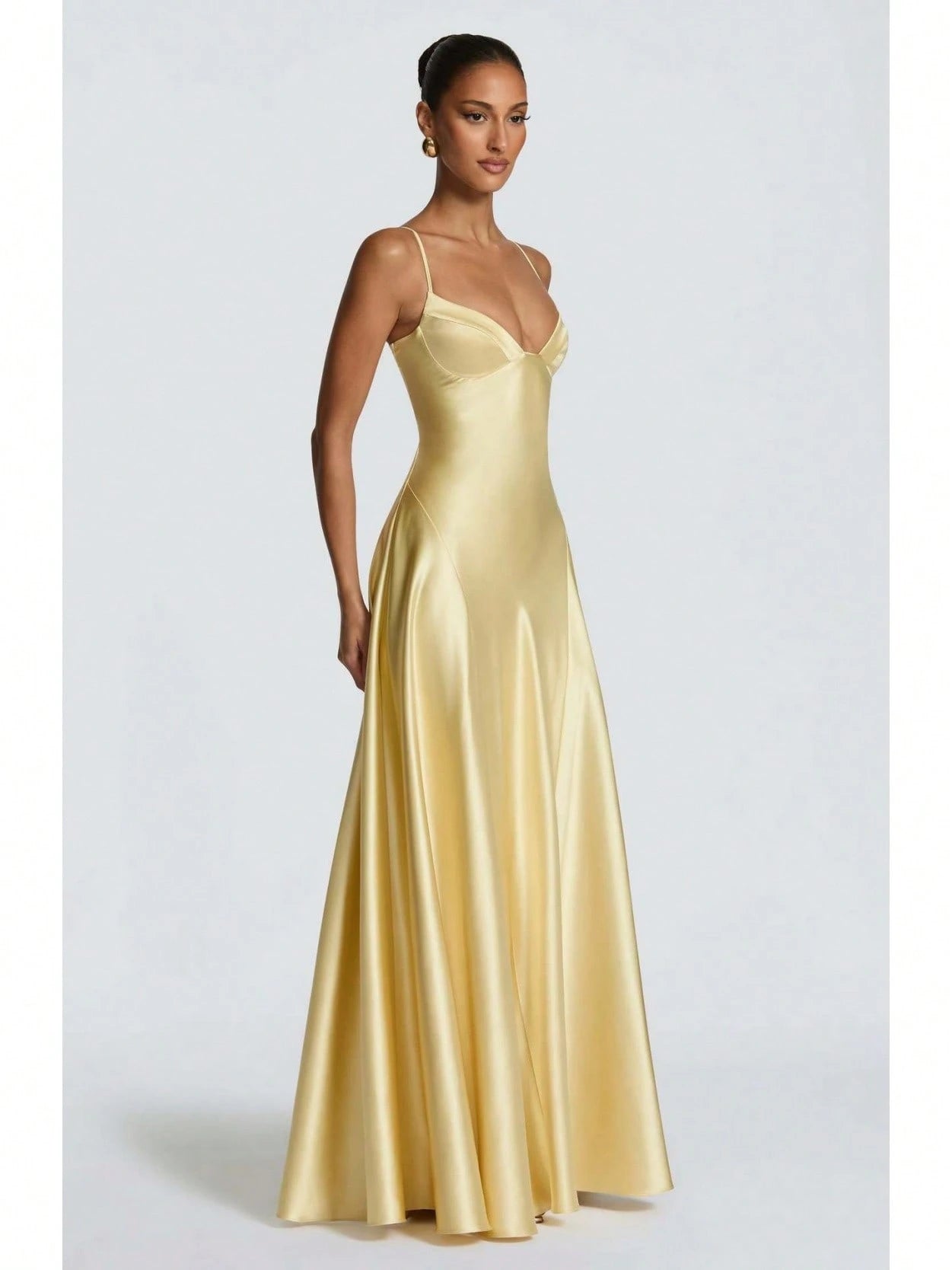 Women's Glossy Satin Long Evening Dress Thin Spaghetti Strap V Neck Seamed Waist Flared Swing Formal Party - image 10