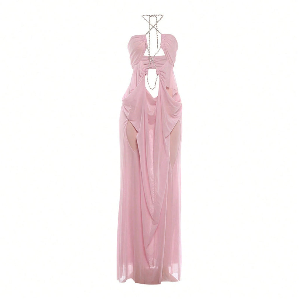 Women's Sheer Mesh Long Dress Club Outfit Rhinestone Spaghetti Strap Cutout Bodycon See Through Evening Party - image 15