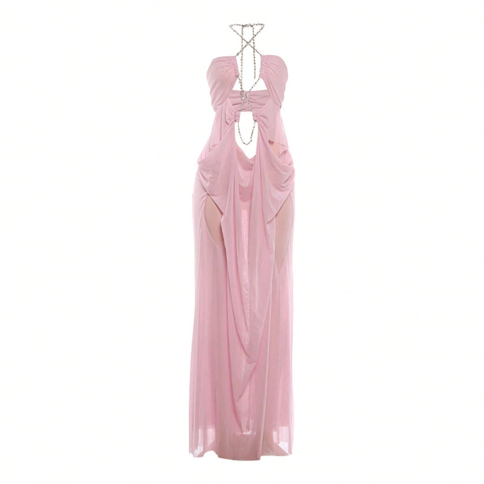 Women's Sheer Mesh Long Dress Club Outfit Rhinestone Spaghetti Strap Cutout Bodycon See Through Evening Party - image 15