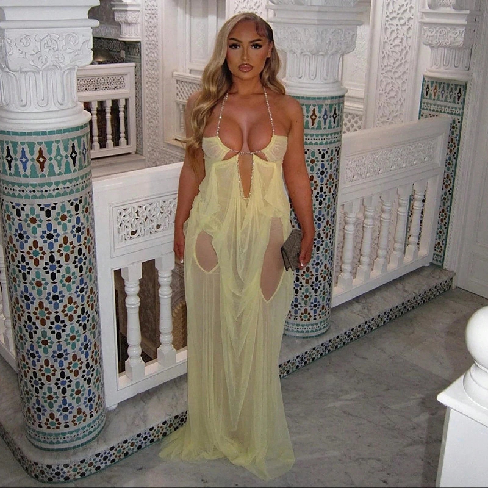 Women's Sheer Mesh Long Dress Club Outfit Rhinestone Spaghetti Strap Cutout Bodycon See Through Evening Party - image 16