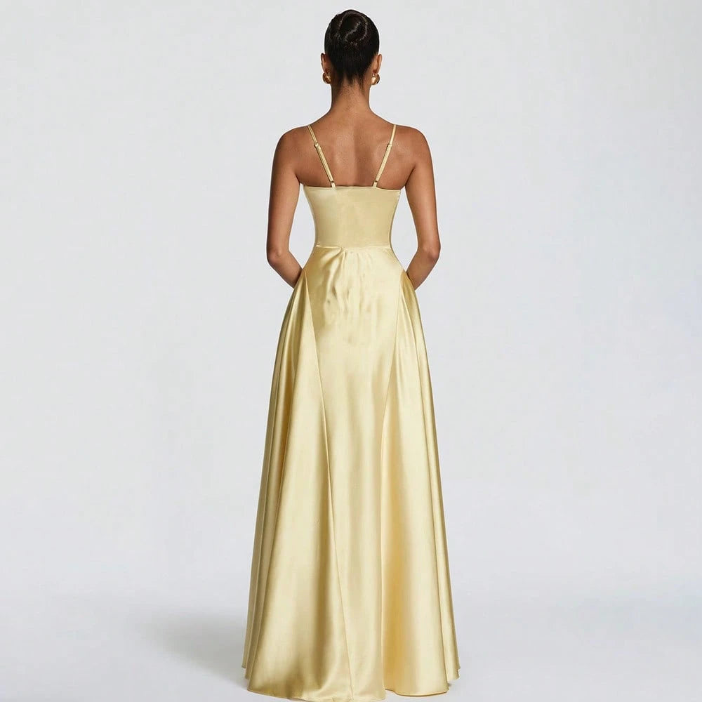 Women's Glossy Satin Long Evening Dress Thin Spaghetti Strap V Neck Seamed Waist Flared Swing Formal Party - image 11