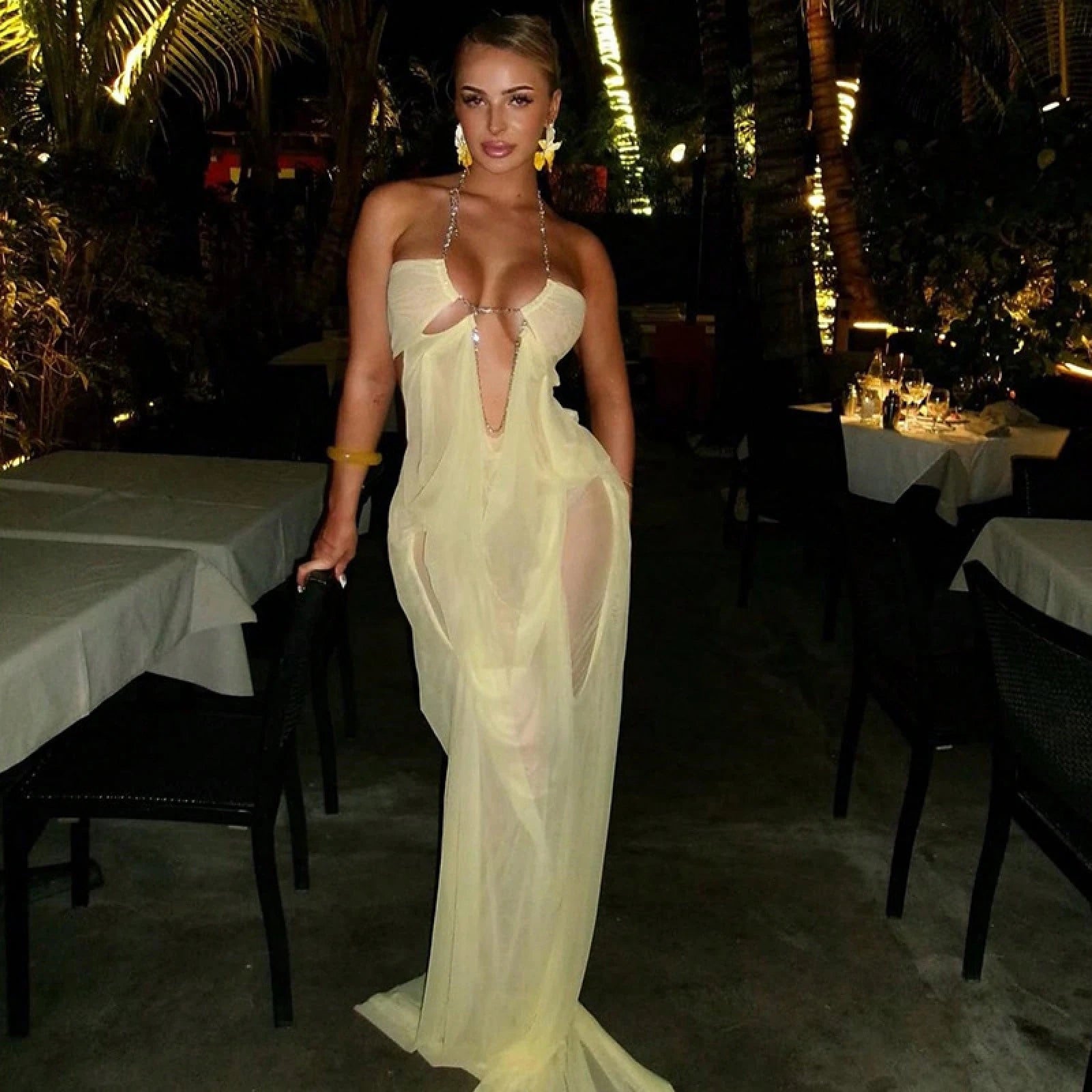 Women's Sheer Mesh Long Dress Club Outfit Rhinestone Spaghetti Strap Cutout Bodycon See Through Evening Party - image 17