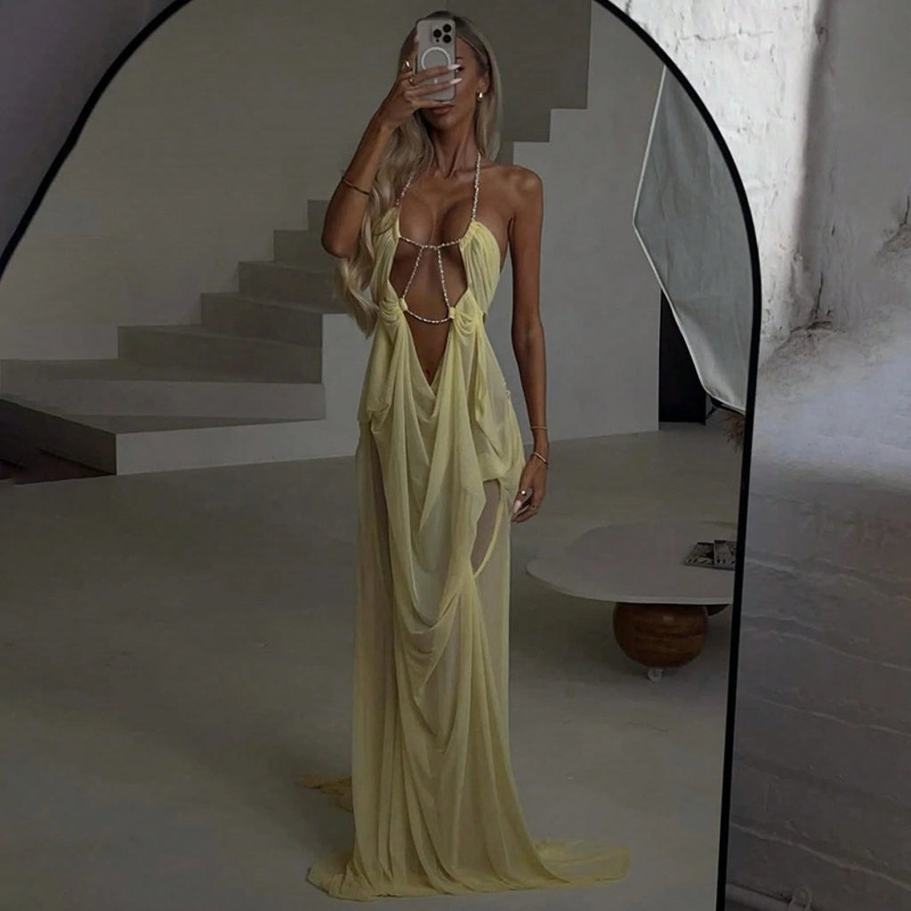 Women's Sheer Mesh Long Dress Club Outfit Rhinestone Spaghetti Strap Cutout Bodycon See Through Evening Party - image 18