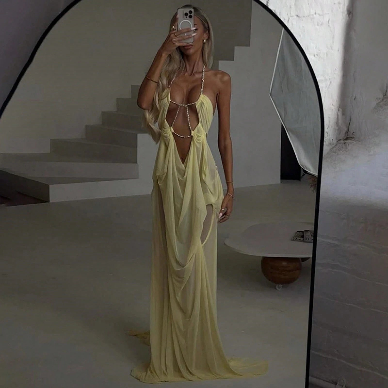 Women's Sheer Mesh Long Dress Club Outfit Rhinestone Spaghetti Strap Cutout Bodycon See Through Evening Party - image 18