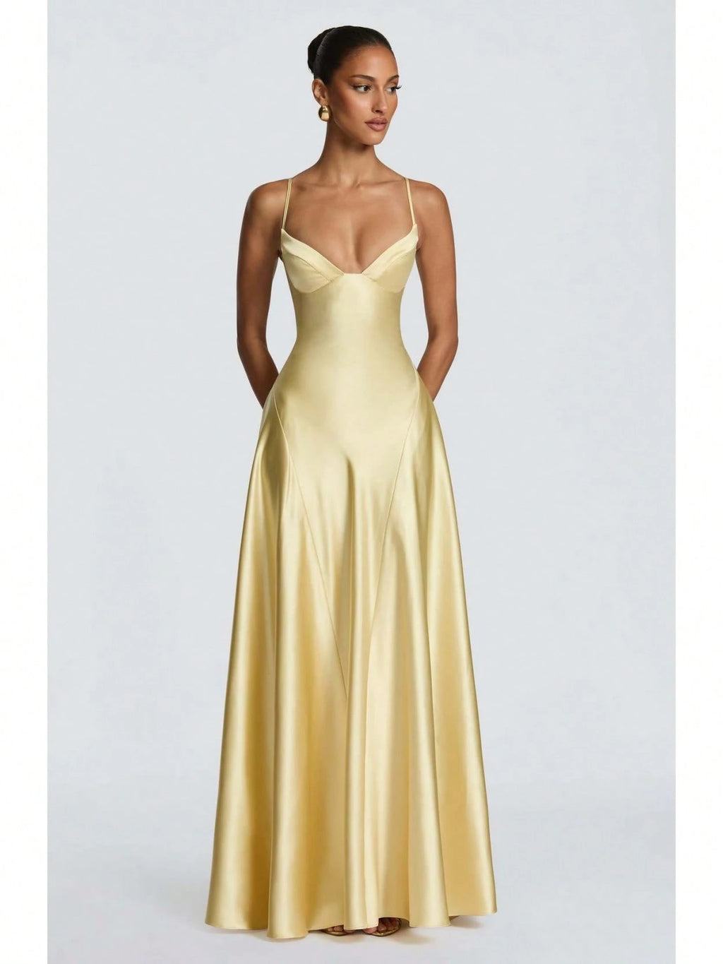 Women's Glossy Satin Long Evening Dress Thin Spaghetti Strap V Neck Seamed Waist Flared Swing Formal Party - image 12