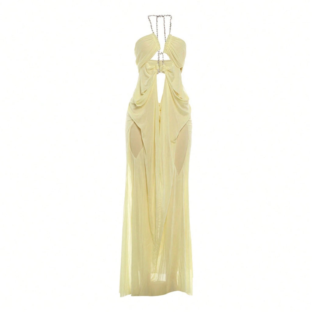 Women's Sheer Mesh Long Dress Club Outfit Rhinestone Spaghetti Strap Cutout Bodycon See Through Evening Party - image 19