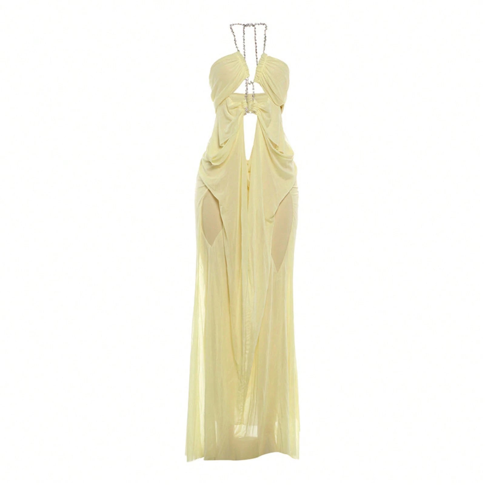 Women's Sheer Mesh Long Dress Club Outfit Rhinestone Spaghetti Strap Cutout Bodycon See Through Evening Party - image 19