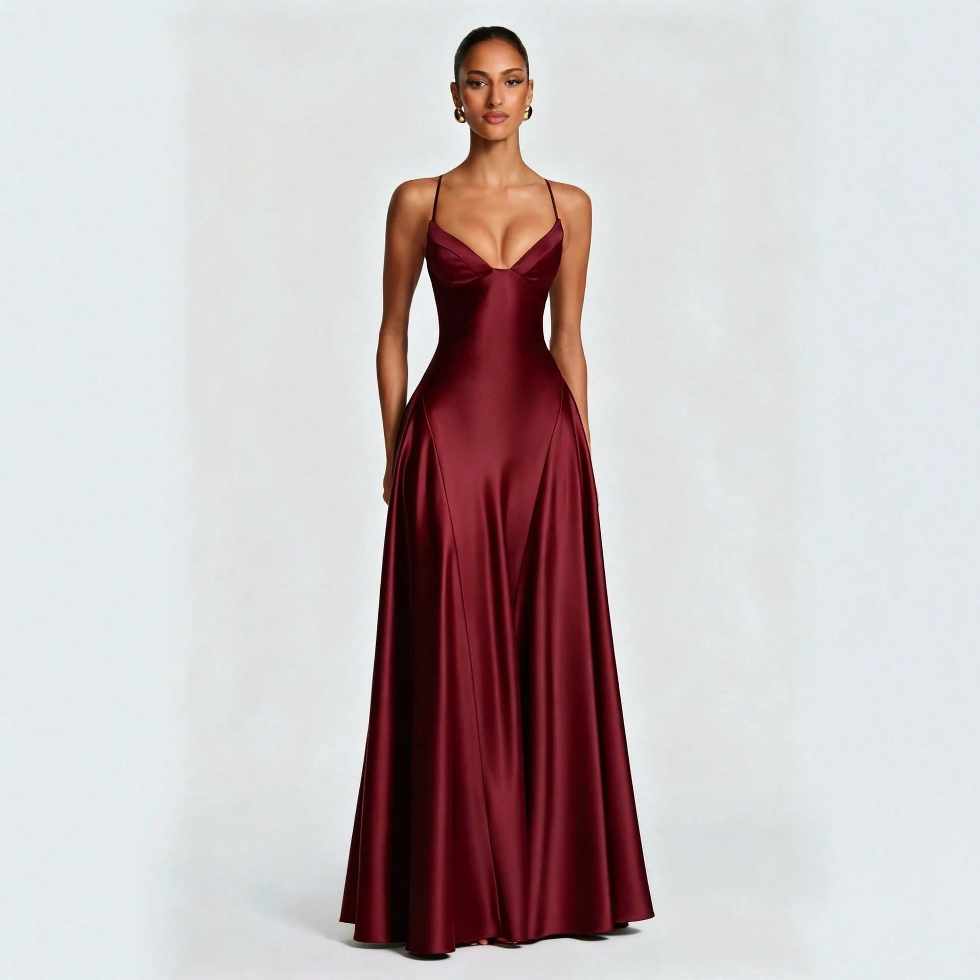 Women's Glossy Satin Long Evening Dress Thin Spaghetti Strap V Neck Seamed Waist Flared Swing Formal Party - image 13