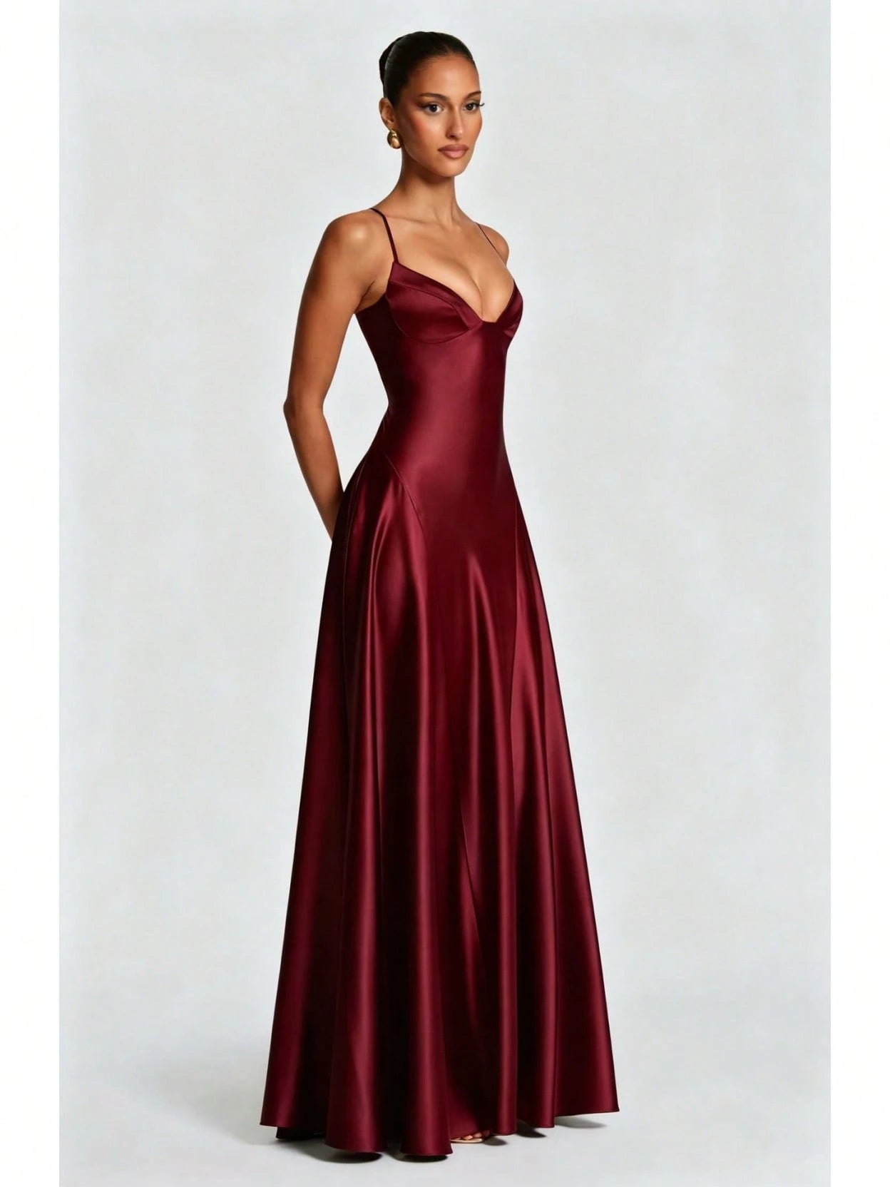 Women's Glossy Satin Long Evening Dress Thin Spaghetti Strap V Neck Seamed Waist Flared Swing Formal Party - image 15