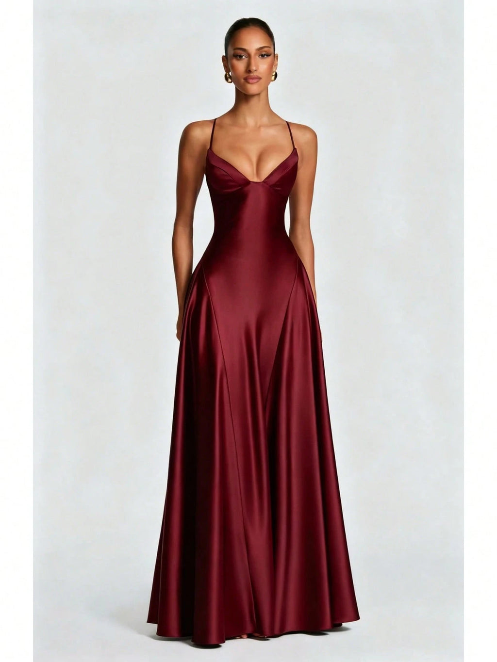 Women's Glossy Satin Long Evening Dress Thin Spaghetti Strap V Neck Seamed Waist Flared Swing Formal Party - image 14