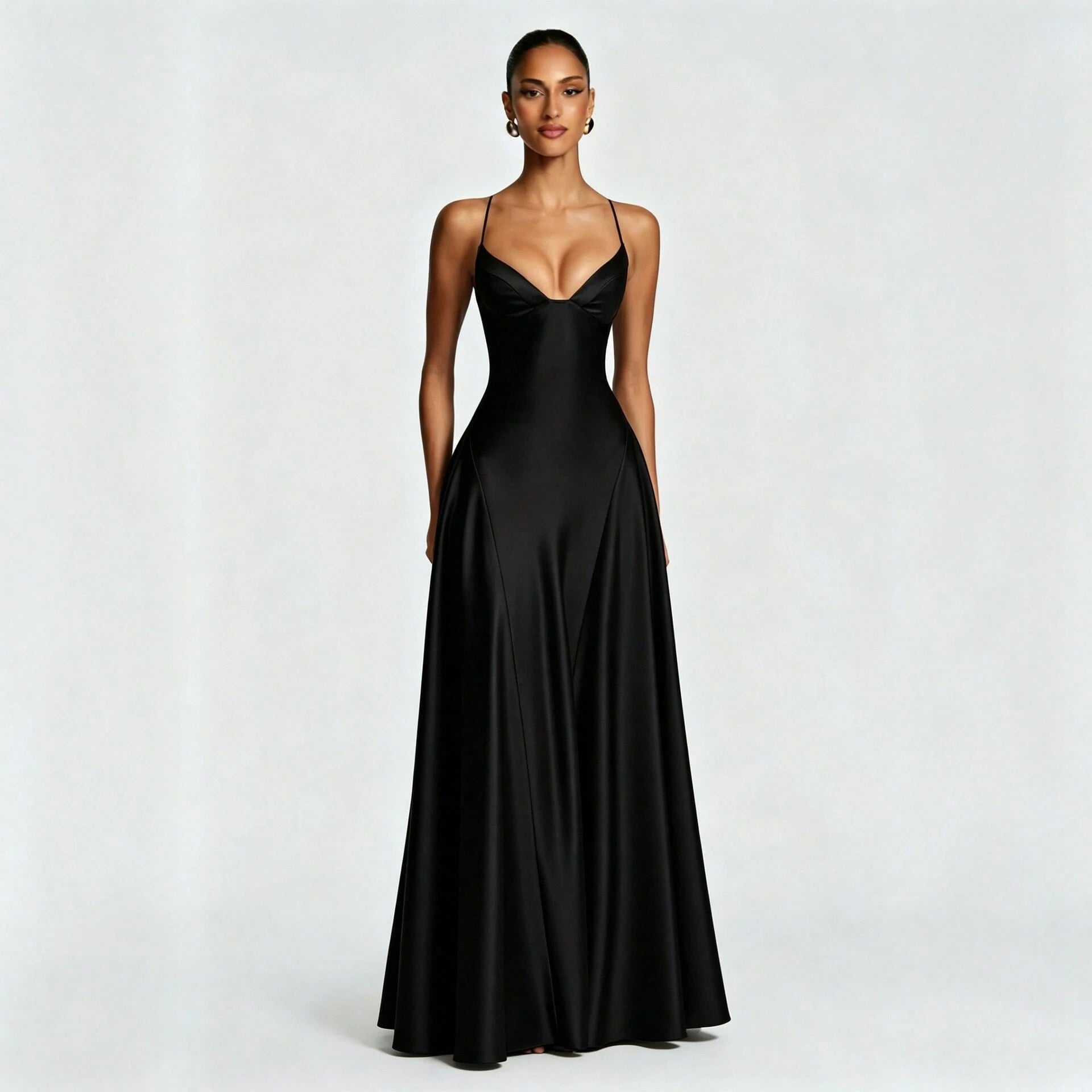 Women's Glossy Satin Long Evening Dress Thin Spaghetti Strap V Neck Seamed Waist Flared Swing Formal Party - image 17