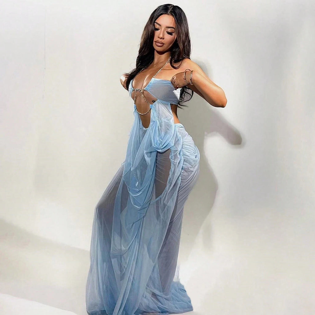 Women's Sheer Mesh Long Dress Club Outfit Rhinestone Spaghetti Strap Cutout Bodycon See Through Evening Party - image 9