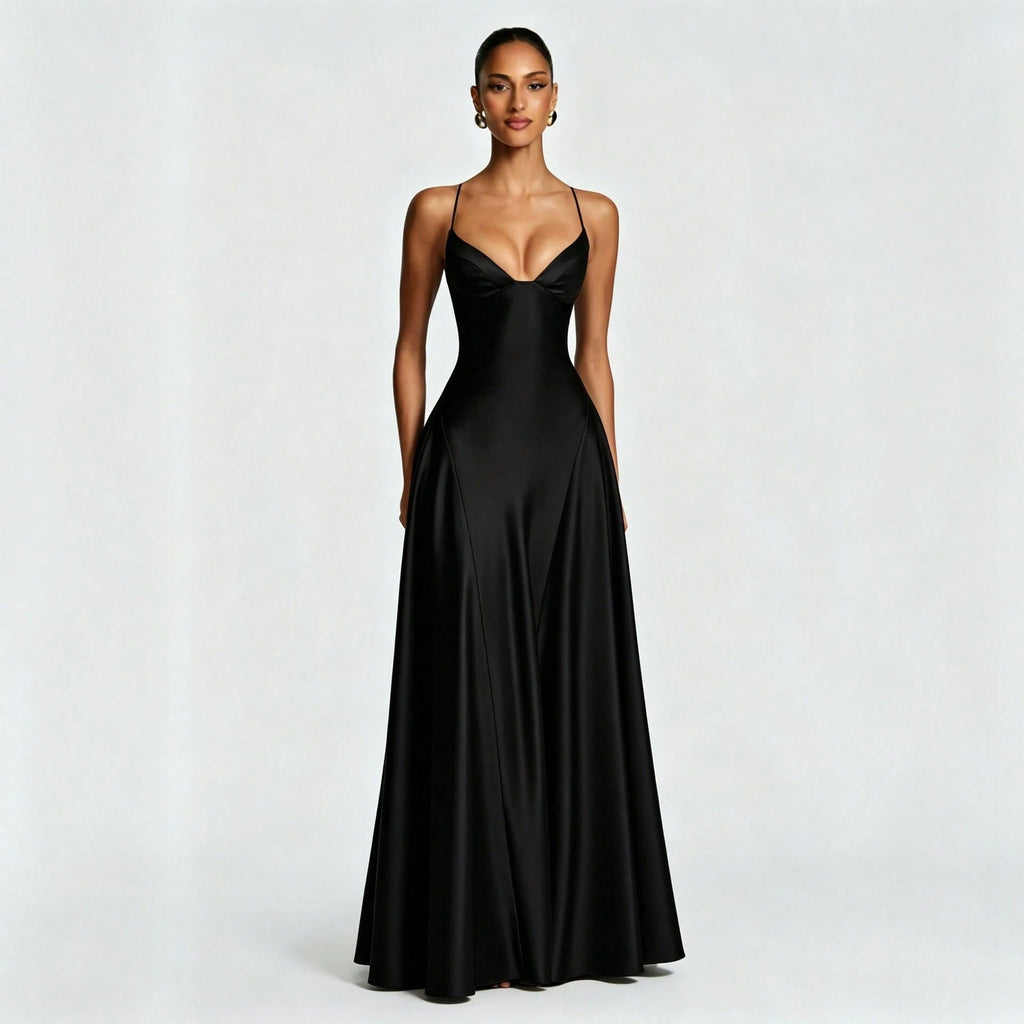 Women's Glossy Satin Long Evening Dress Thin Spaghetti Strap V Neck Seamed Waist Flared Swing Formal Party - image 18
