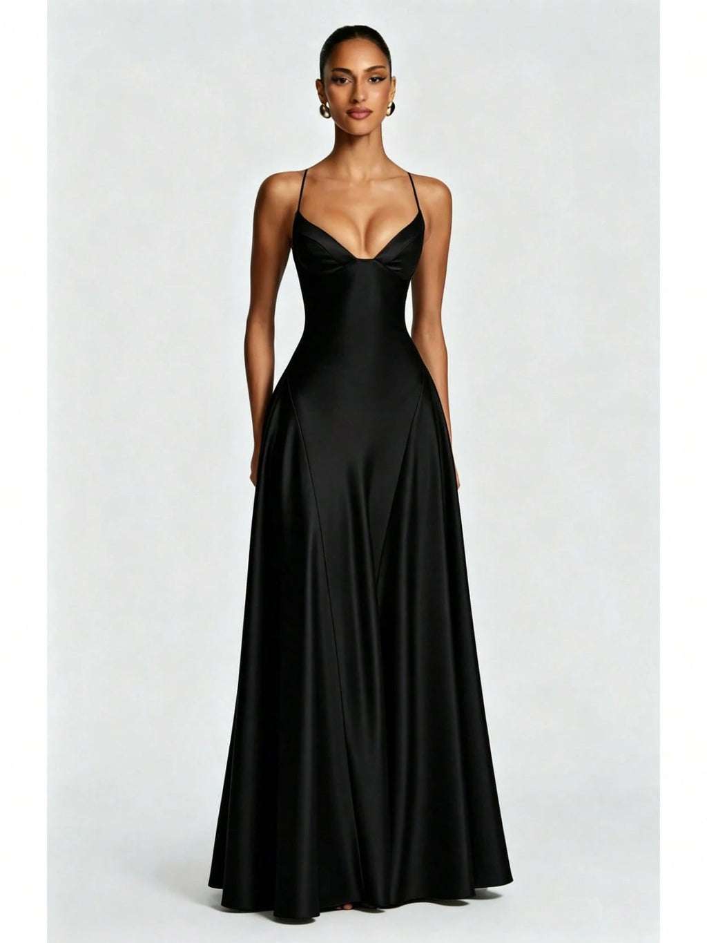 Women's Glossy Satin Long Evening Dress Thin Spaghetti Strap V Neck Seamed Waist Flared Swing Formal Party - image 19