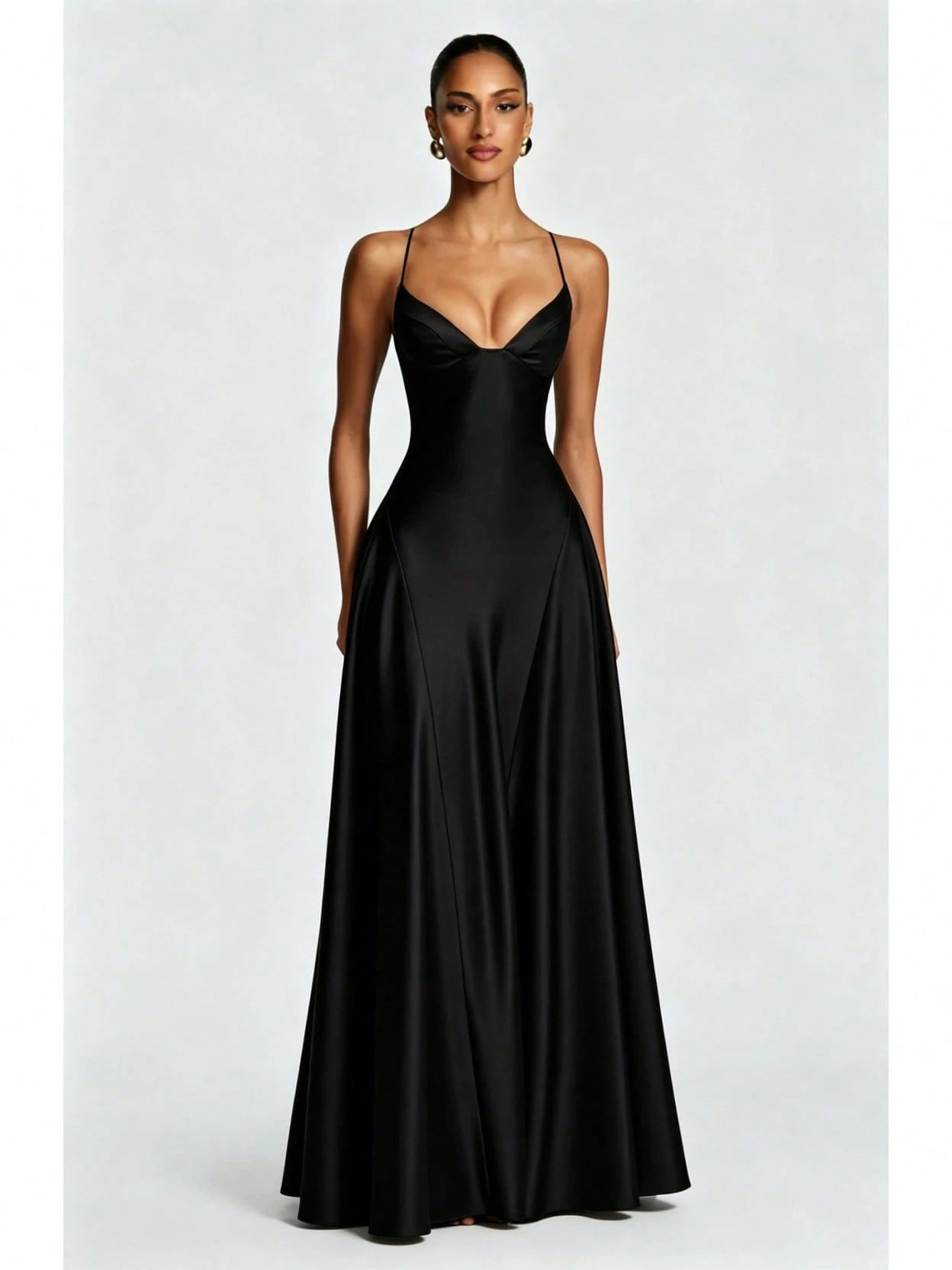 Women's Glossy Satin Long Evening Dress Thin Spaghetti Strap V Neck Seamed Waist Flared Swing Formal Party - image 19