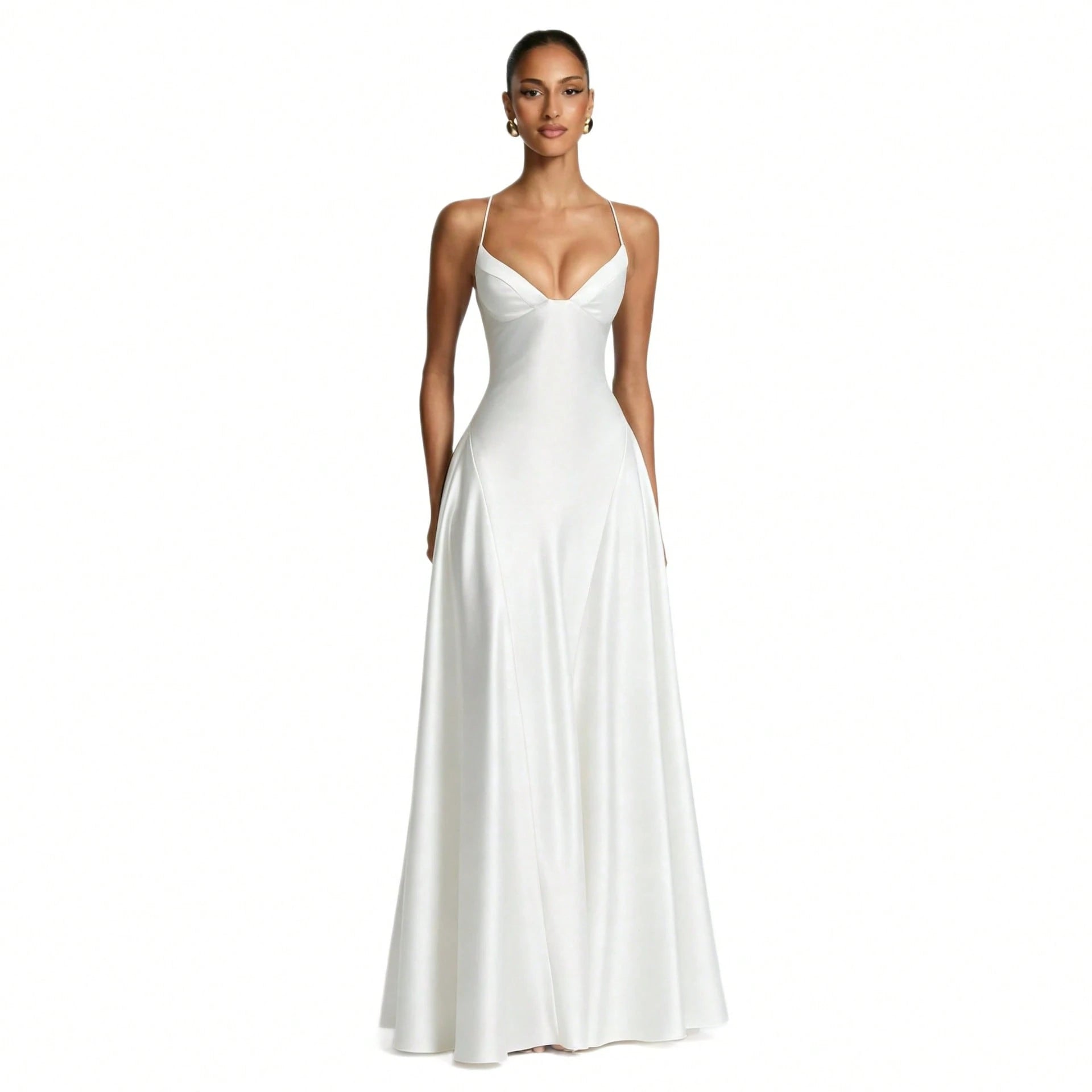 Women's Glossy Satin Long Evening Dress Thin Spaghetti Strap V Neck Seamed Waist Flared Swing Formal Party - image 6