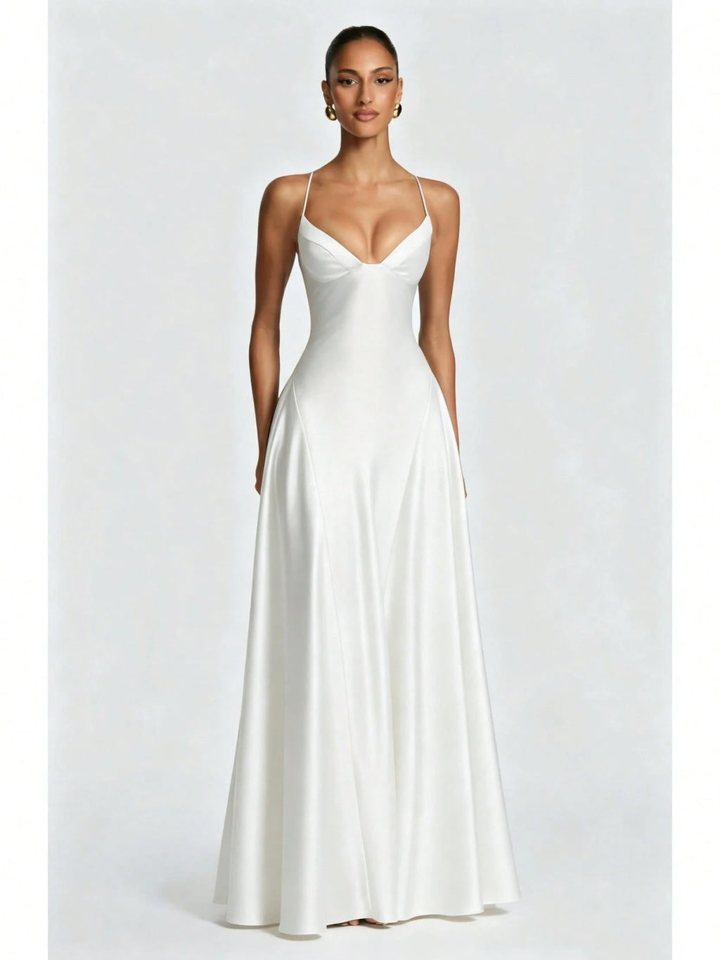 Women's Glossy Satin Long Evening Dress Thin Spaghetti Strap V Neck Seamed Waist Flared Swing Formal Party - image 7