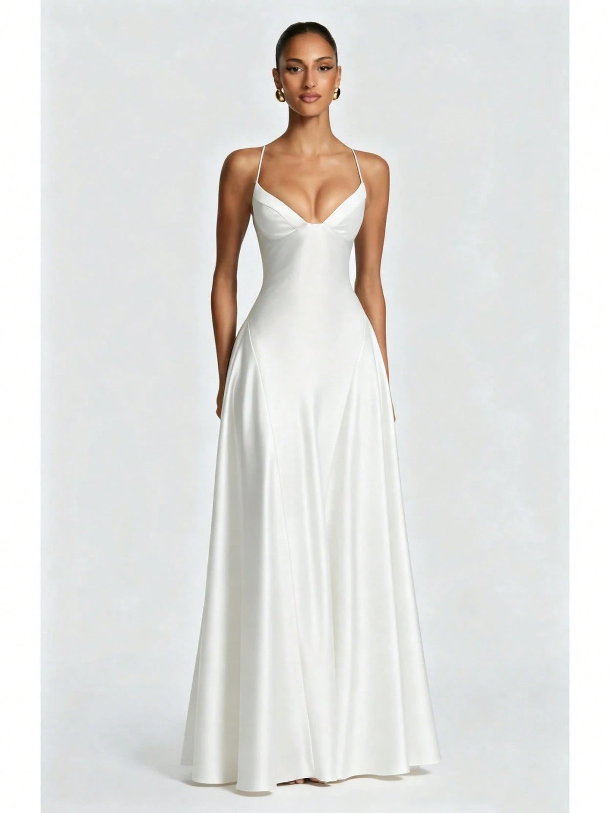 Women's Glossy Satin Long Evening Dress Thin Spaghetti Strap V Neck Seamed Waist Flared Swing Formal Party - image 20