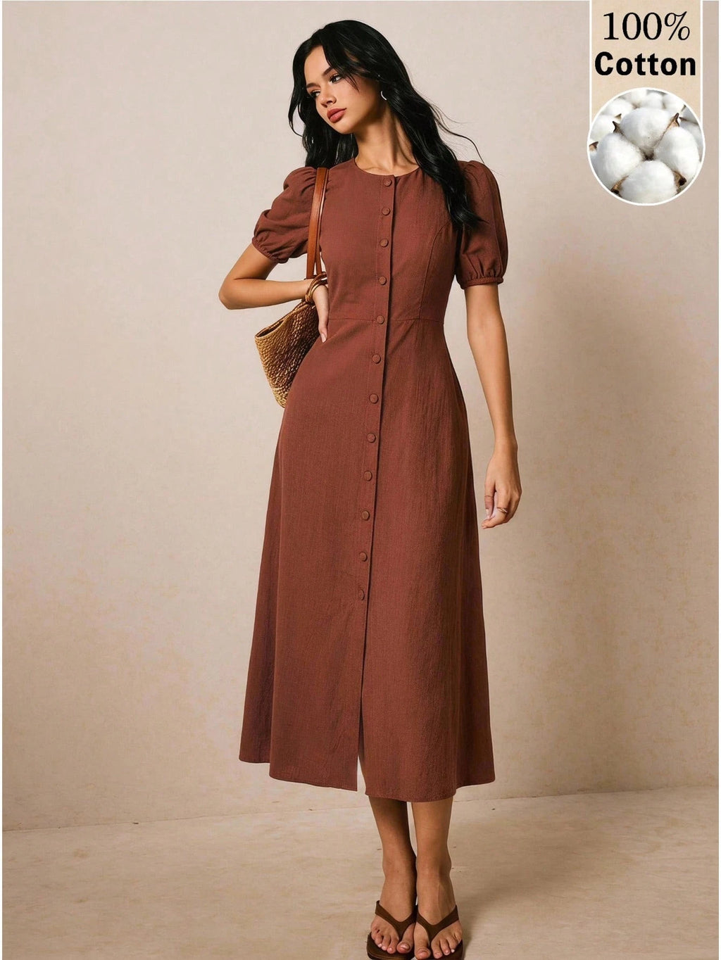 Poéselle Women's Solid Color Round Neck Short Petal Sleeve Single-Breasted Pocket Casual Mid-Length