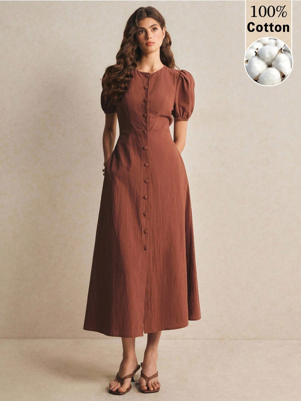 Poéselle Women's Solid Color Round Neck Short Petal Sleeve Single-Breasted Pocket Casual Mid-Length - image 6