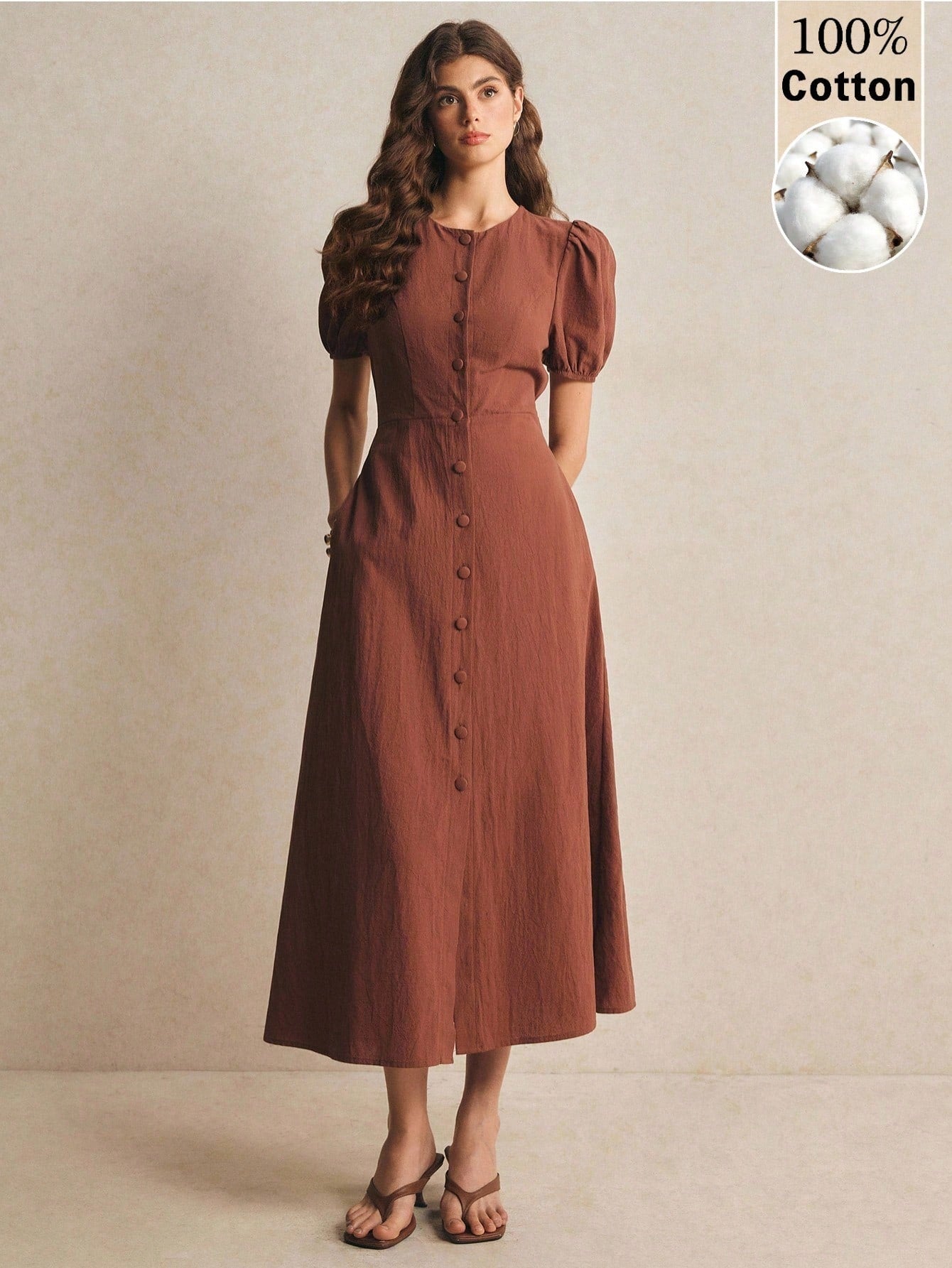 Poéselle Women's Solid Color Round Neck Short Petal Sleeve Single-Breasted Pocket Casual Mid-Length - image 6