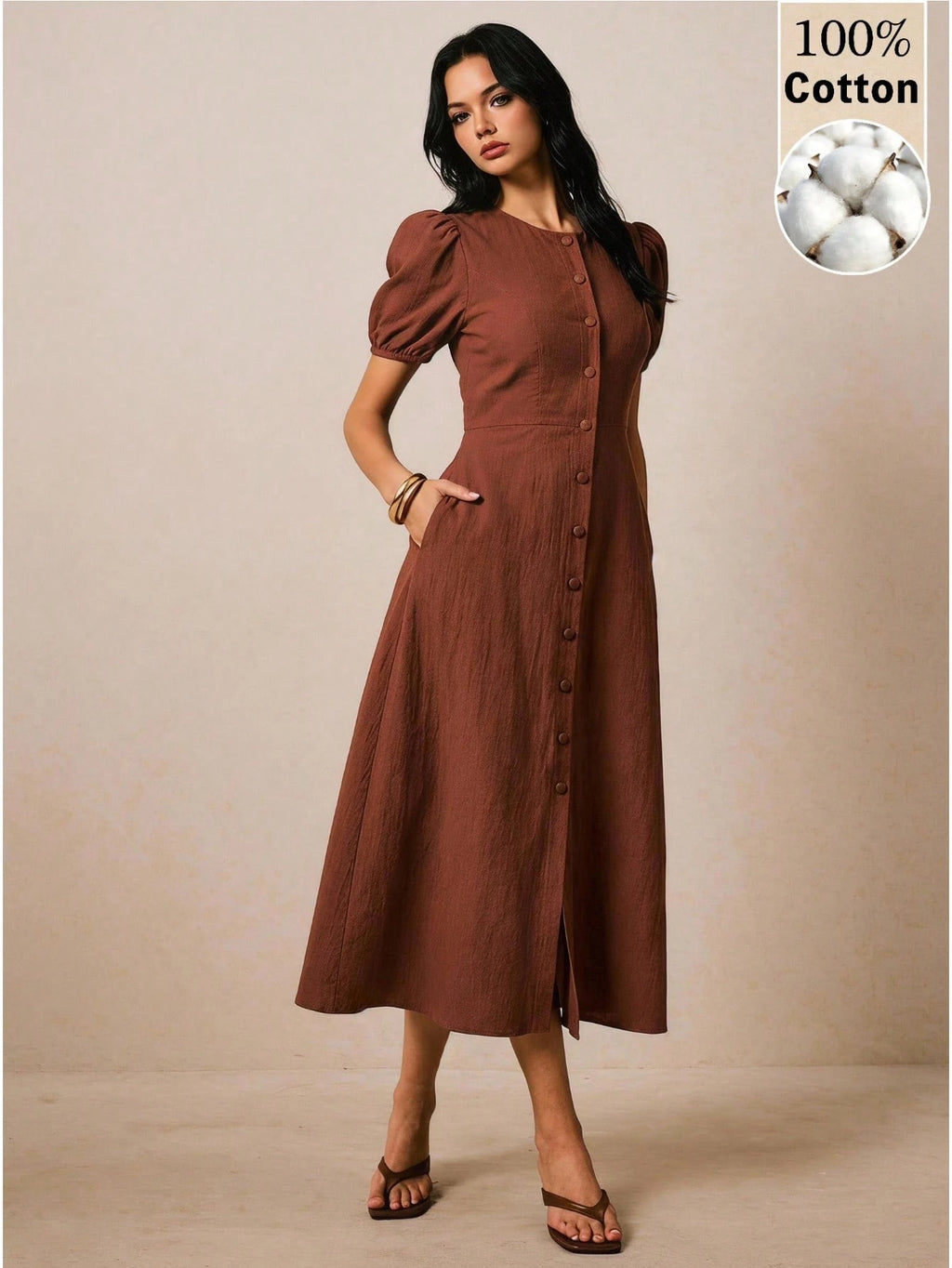 Poéselle Women's Solid Color Round Neck Short Petal Sleeve Single-Breasted Pocket Casual Mid-Length - image 7