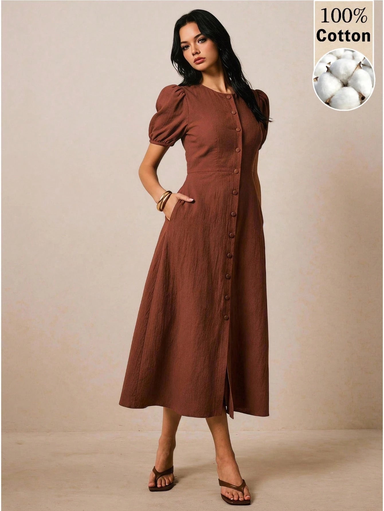 Poéselle Women's Solid Color Round Neck Short Petal Sleeve Single-Breasted Pocket Casual Mid-Length - image 7