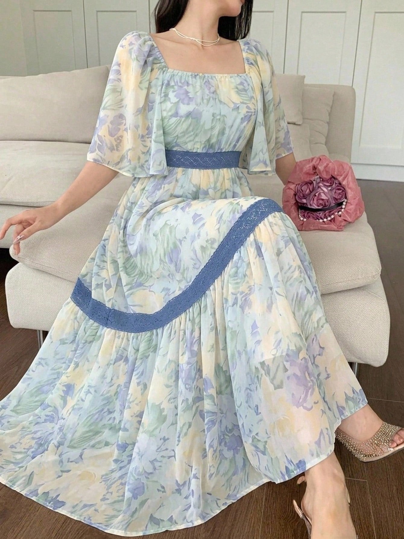 DAZY Contrast Color Lace Full Floral Print Mid-Length Dress For Women Sun Dresses For Women Vacation Outfits - image 11