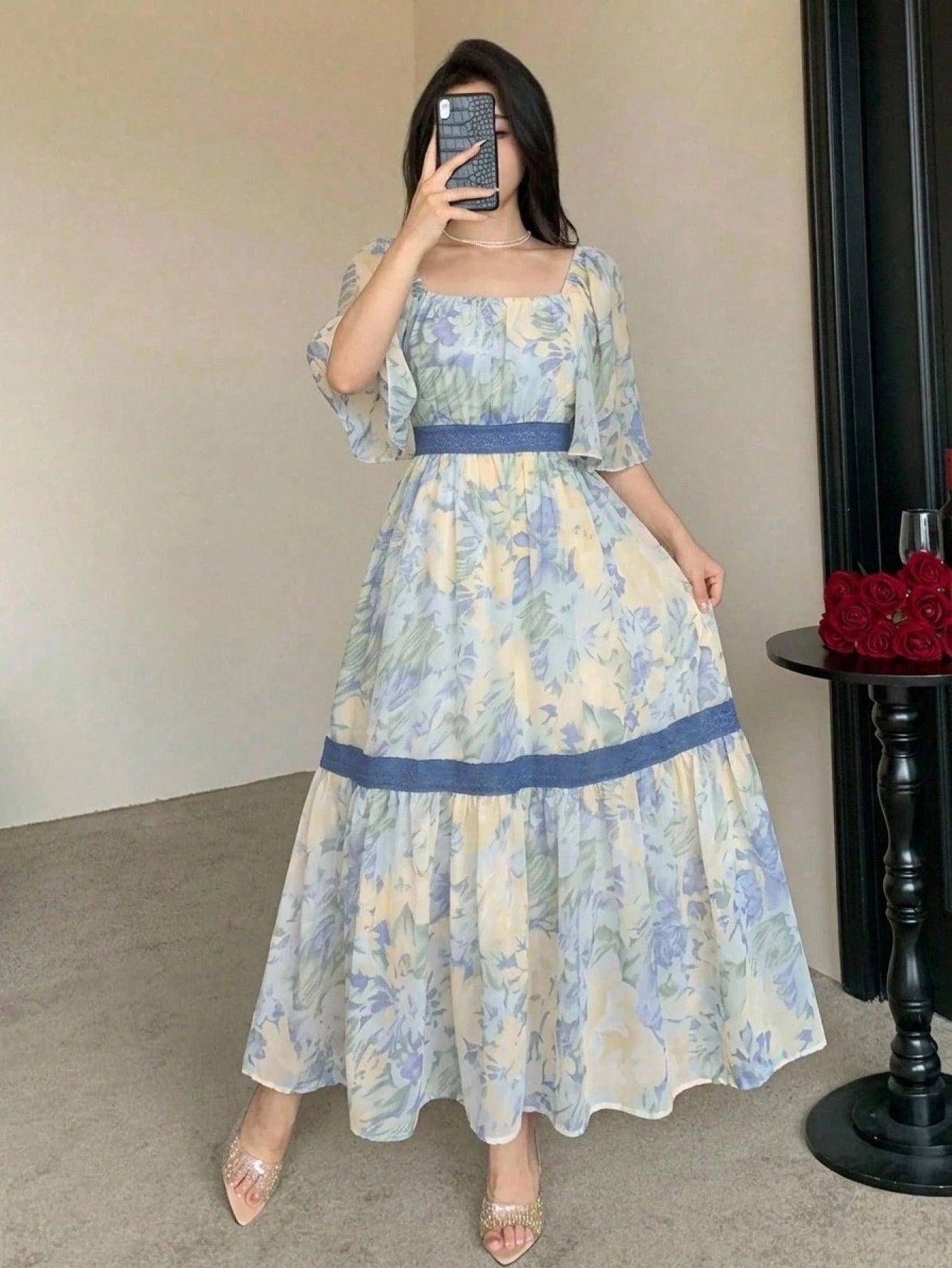 DAZY Contrast Color Lace Full Floral Print Mid-Length Dress For Women