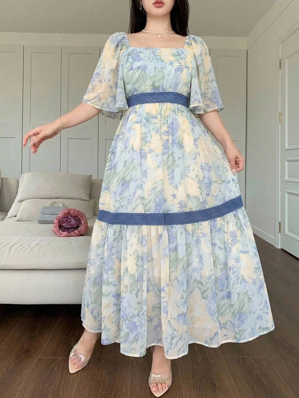 DAZY Contrast Color Lace Full Floral Print Mid-Length Dress For Women