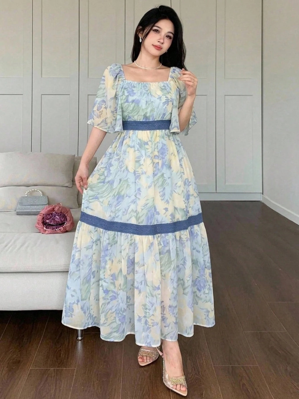 DAZY Contrast Color Lace Full Floral Print Mid-Length Dress For Women