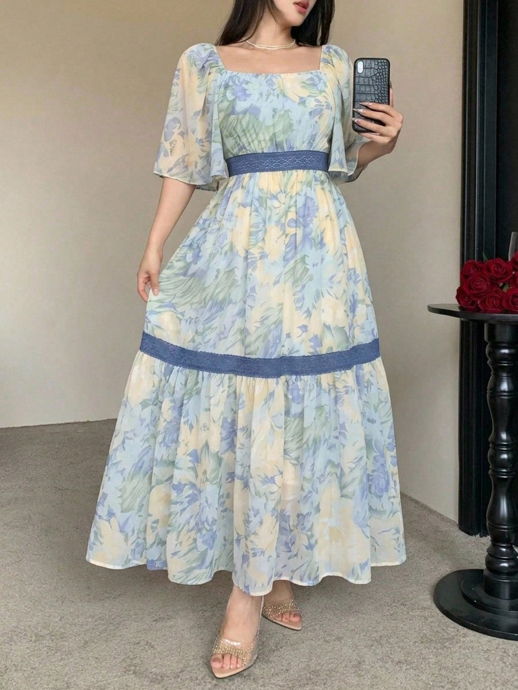 DAZY Contrast Color Lace Full Floral Print Mid-Length Dress For Women