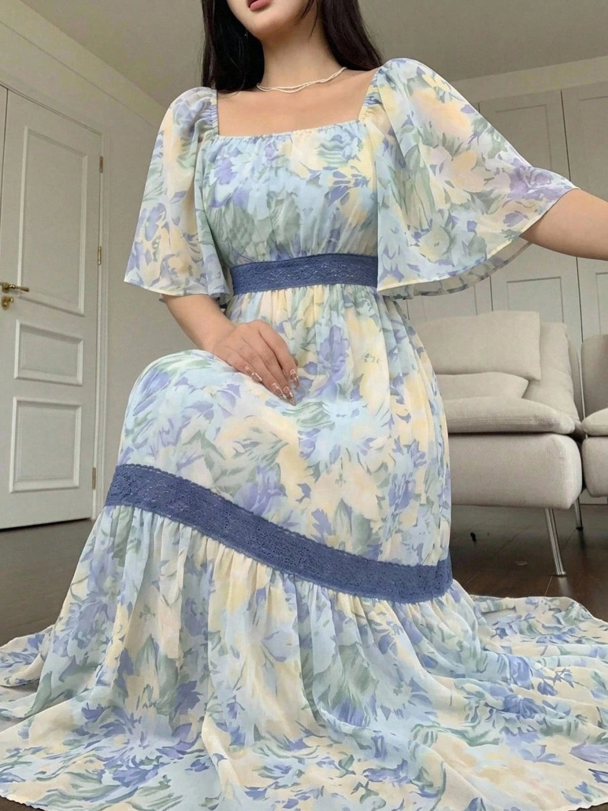 DAZY Contrast Color Lace Full Floral Print Mid-Length Dress For Women Sun Dresses For Women Vacation Outfits - image 16