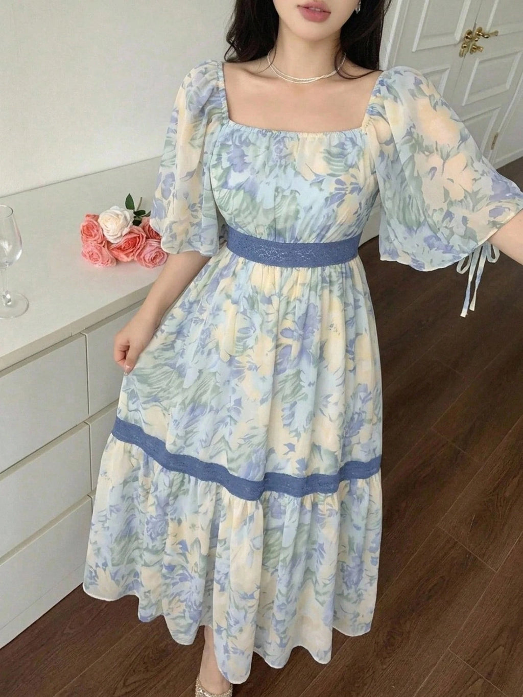 DAZY Contrast Color Lace Full Floral Print Mid-Length Dress For Women
