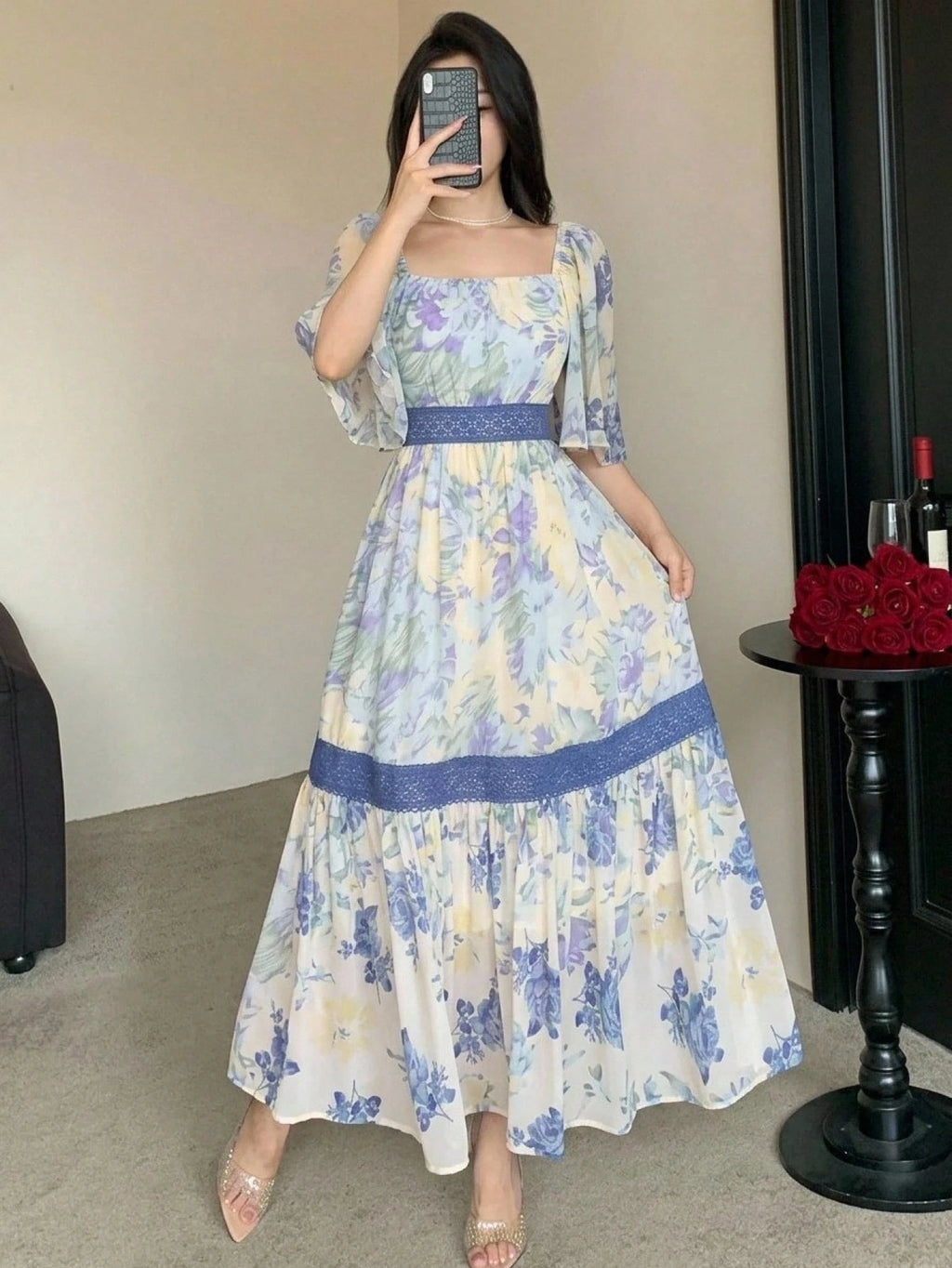 DAZY Contrast Color Lace Full Floral Print Mid-Length Dress For Women