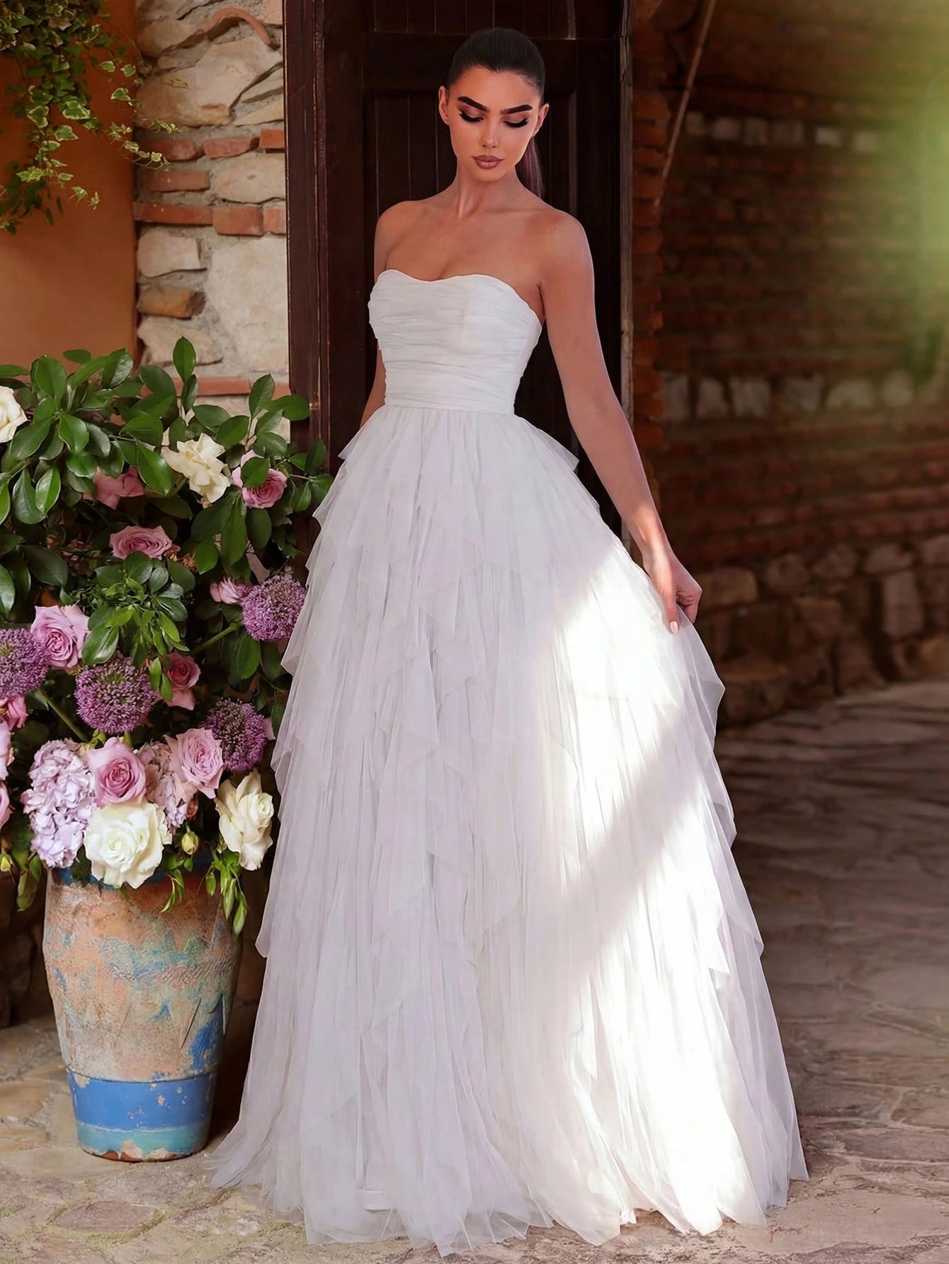 Faeriesty Romantic Strapless Bridal Dress, Layered Ruffle Tulle Skirt, A-Line Silhouette, Suitable For