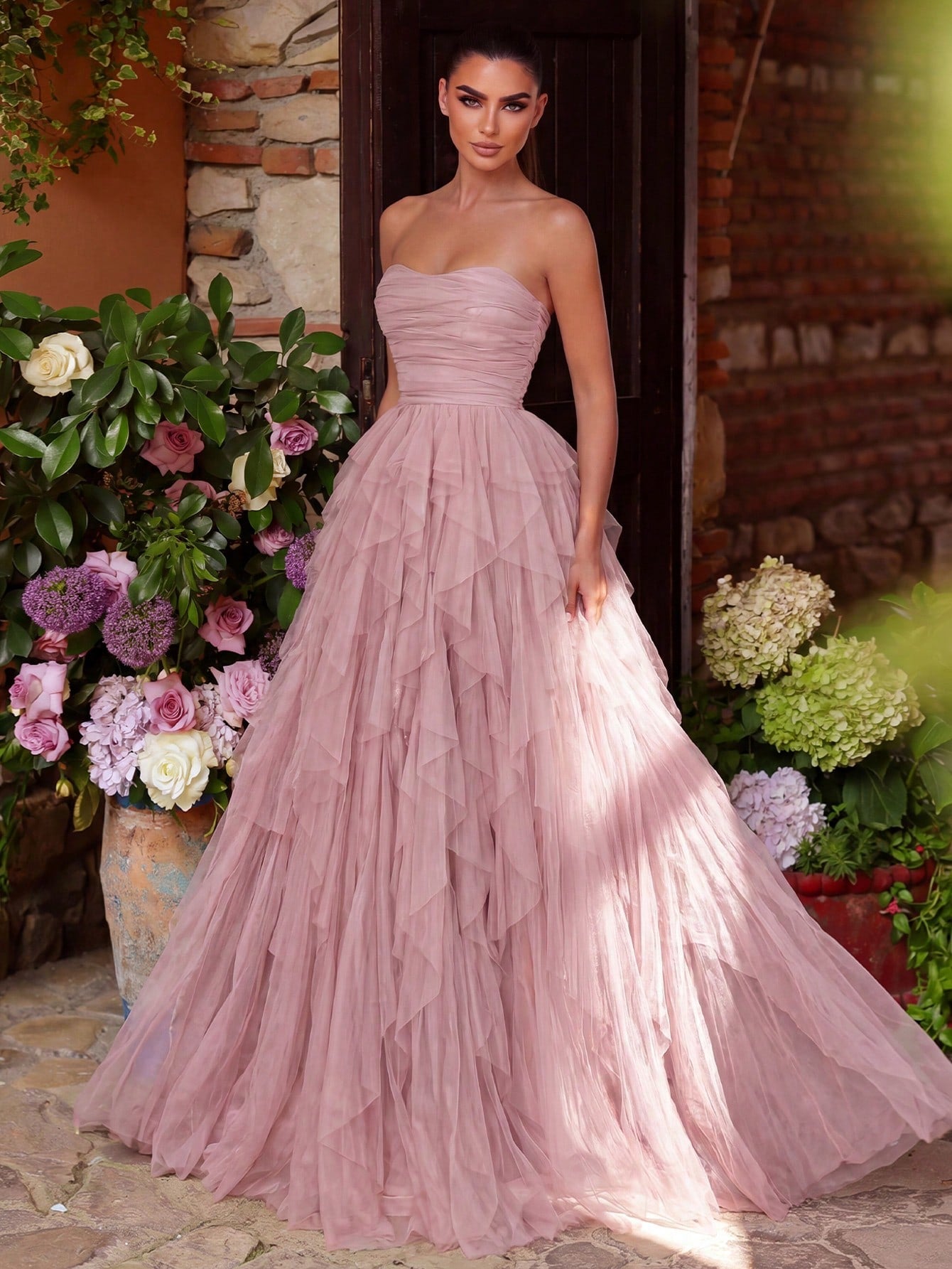 Faeriesty Romantic Strapless Bridal Dress, Layered Ruffle Tulle Skirt, A-Line Silhouette, Suitable For - image 6