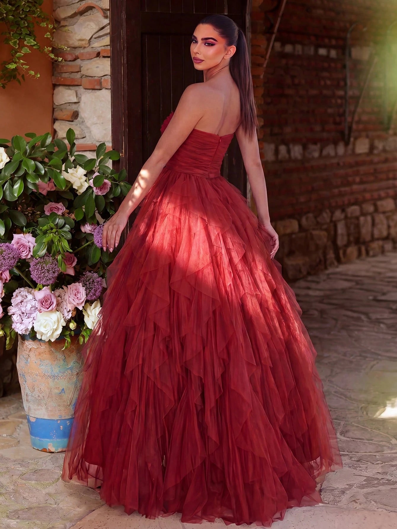 Faeriesty Romantic Strapless Bridal Dress, Layered Ruffle Tulle