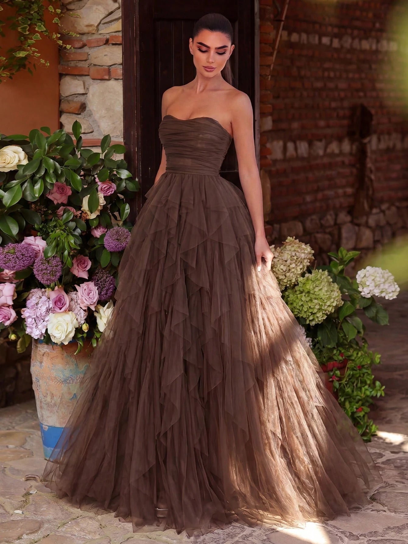 Faeriesty Romantic Strapless Bridal Dress, Layered Ruffle Tulle