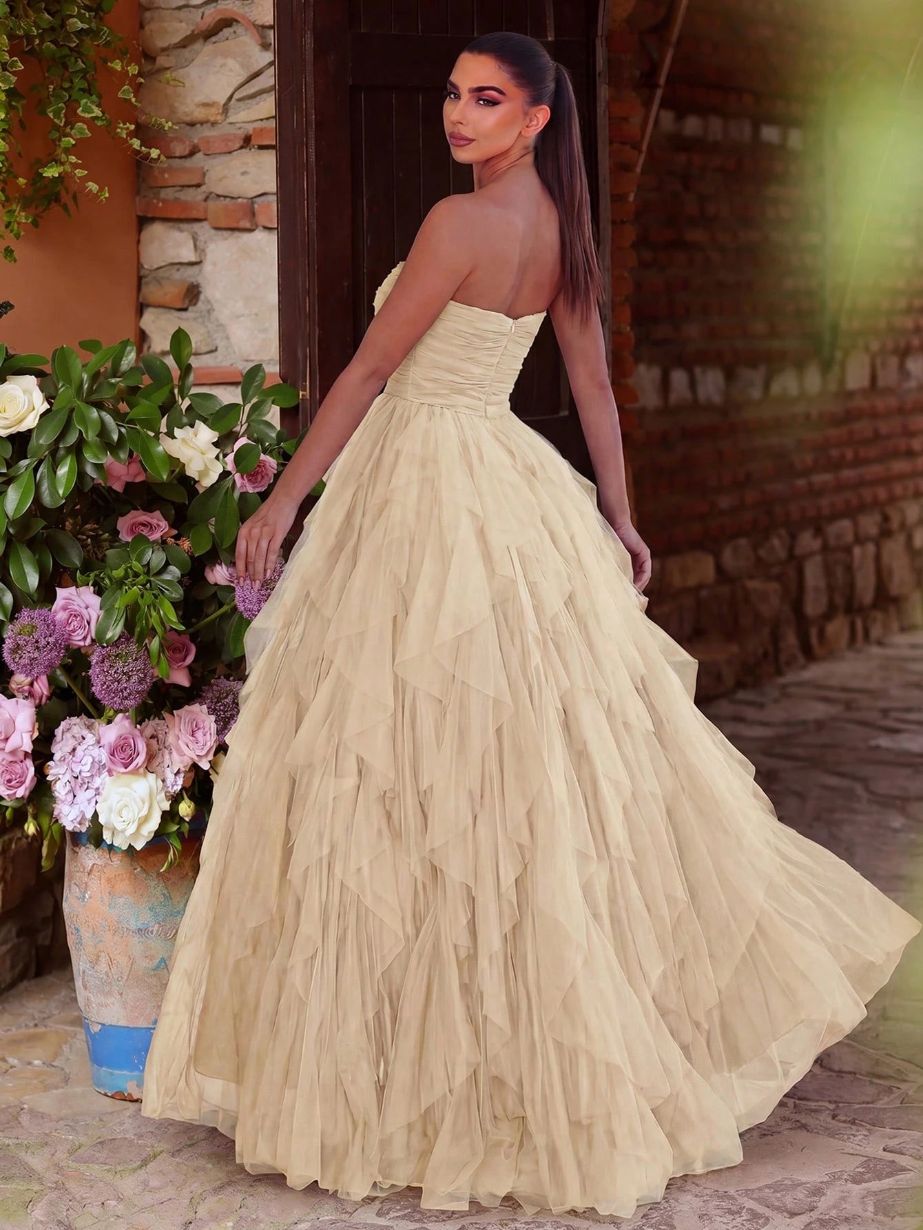 Faeriesty Romantic Strapless Bridal Dress, Layered Ruffle Tulle