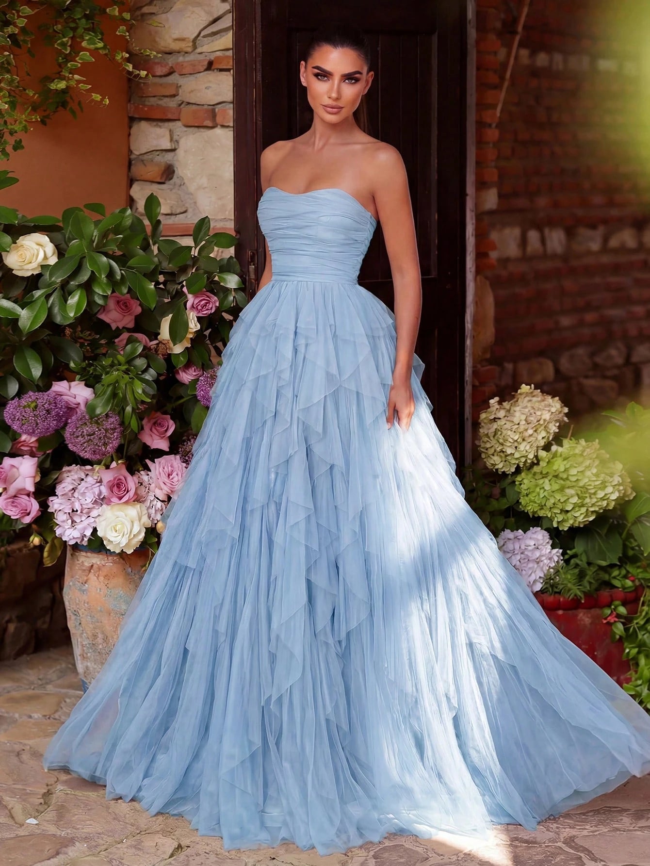 Faeriesty Romantic Strapless Bridal Dress, Layered Ruffle Tulle